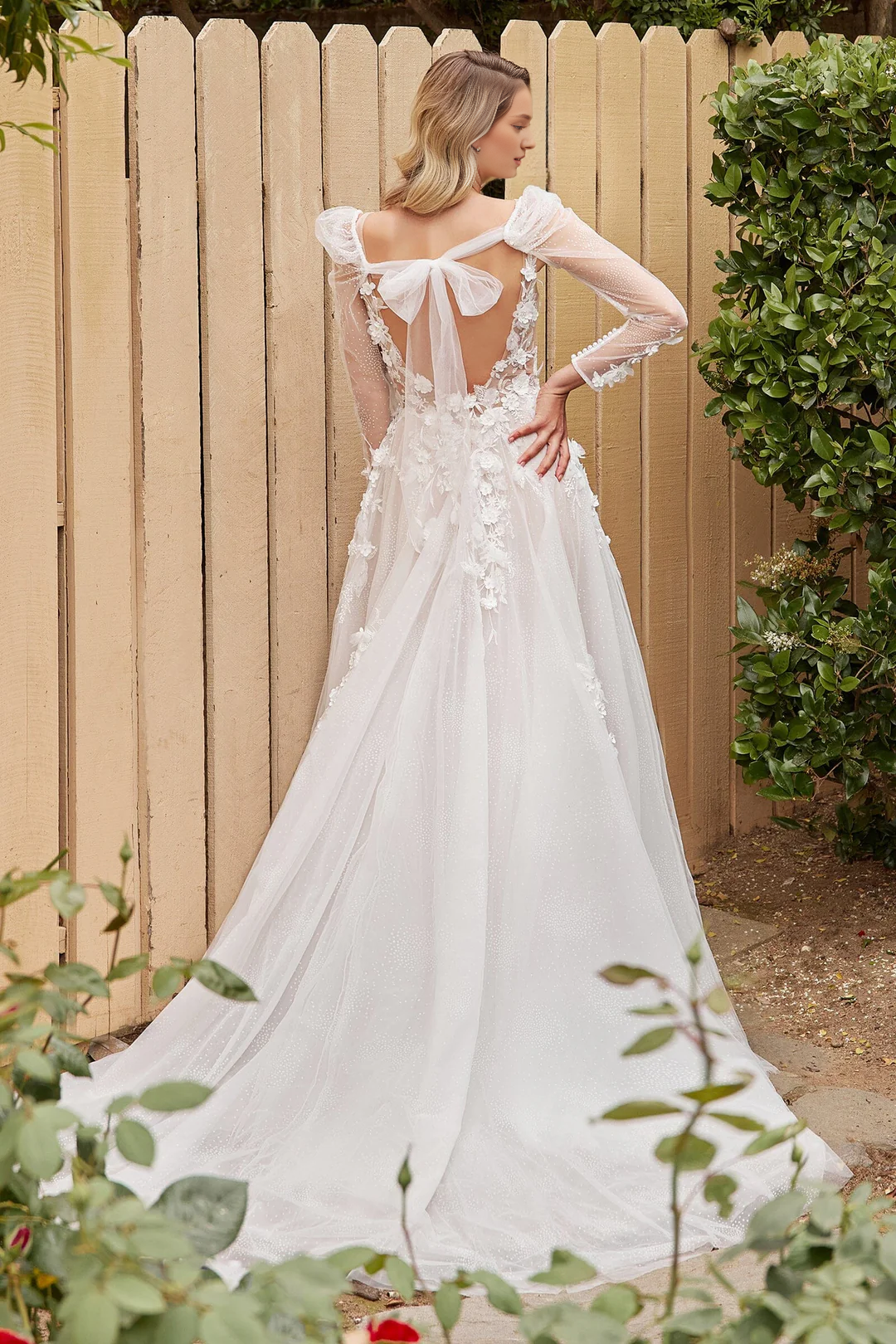 3D floral decal long sleeved wedding dress