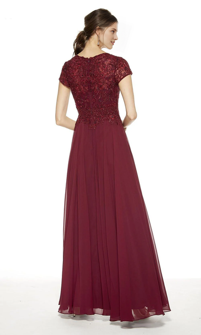 V-neck chiffon flowing lace top short sleeved formal long cut mothers of the bride dresses