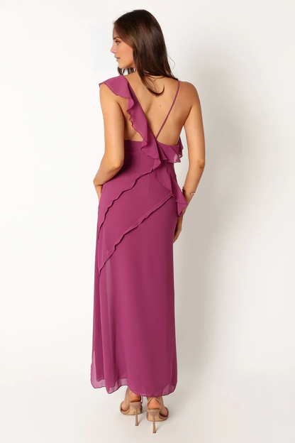 Jimiss V-neck front split lotus leaf side length style Prom dress