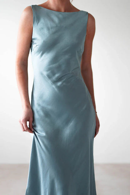 Ship neck backless shoulder strap satin long Prom dress - Jimiss Dress