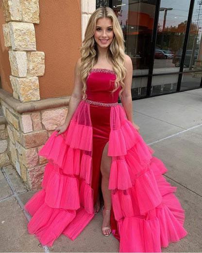 Gorgeous Sheath/Column Court Train Velvet Strapless Prom Dress With Beading Sexy