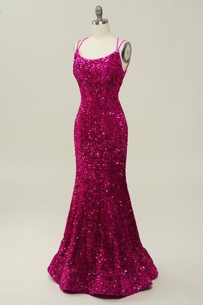 Sequin Spaghetti Straps Mermaid Prom Dress with Lace-up Back Sparkly