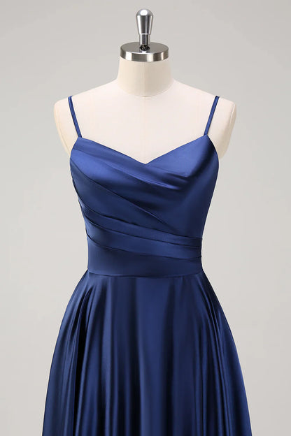 Deep sea army blue A-line thin shoulder strap pleated tea long bridesmaid dress