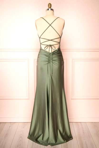 Modest Mermaid Straps Sage Green Slit Long Prom Dress P1450
