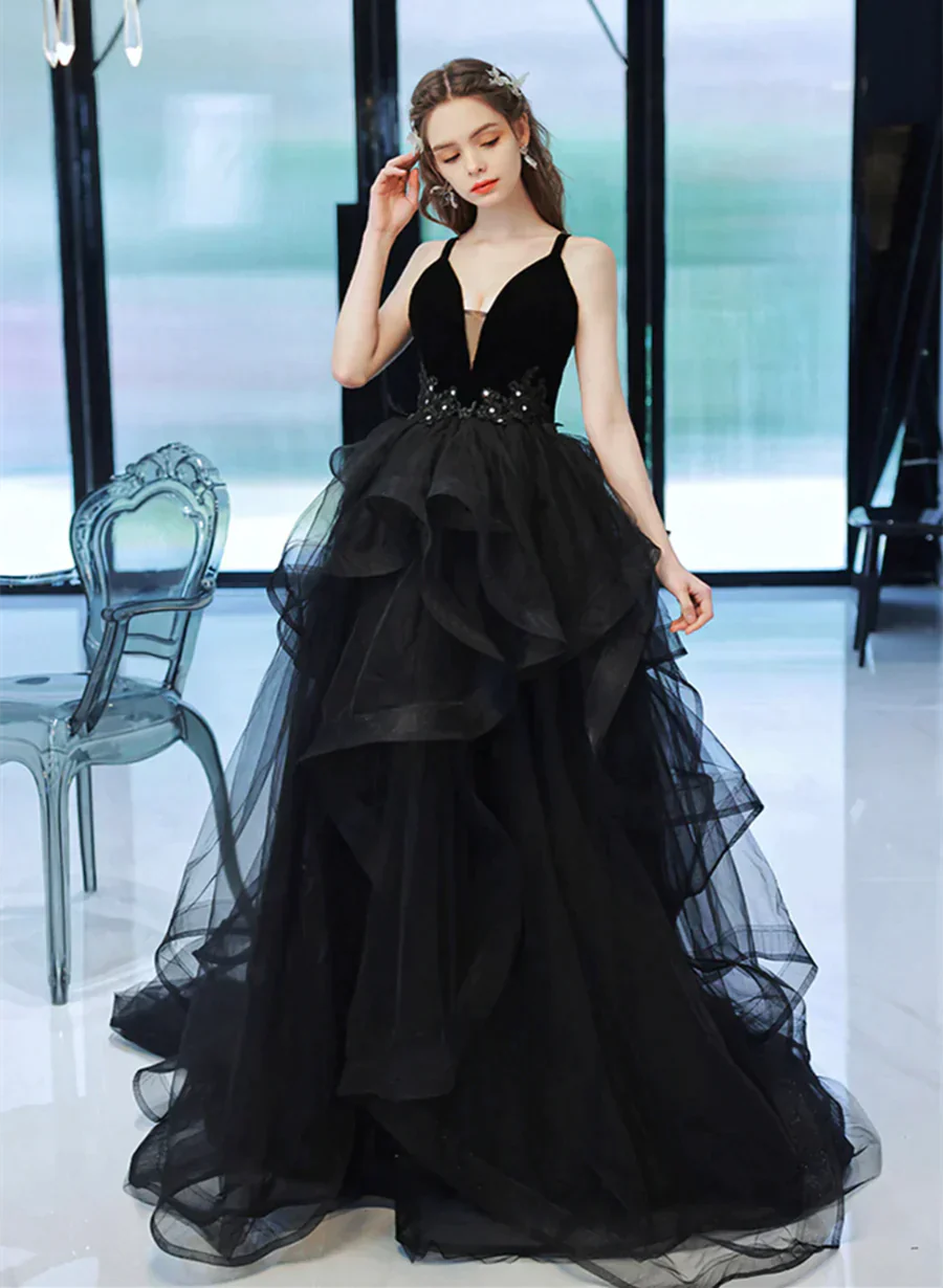 Black Straps V-neckline Tulle Long Party Dress, Black Low Back Prom Dress Formal Dress