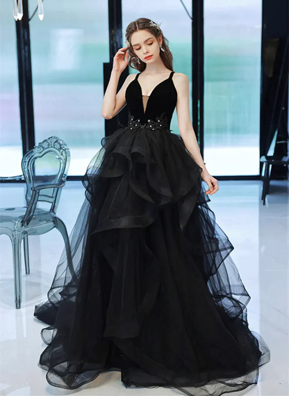 Black Straps V-neckline Tulle Long Party Dress, Black Low Back Prom Dress Formal Dress