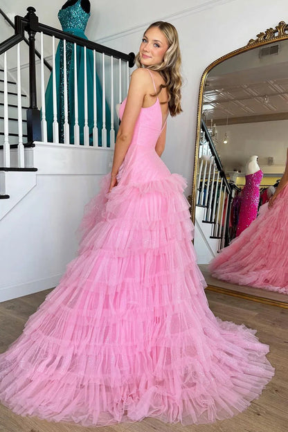 Pink A-Line Deep V Neck Tiered Long Prom Dress With Slit Sexy