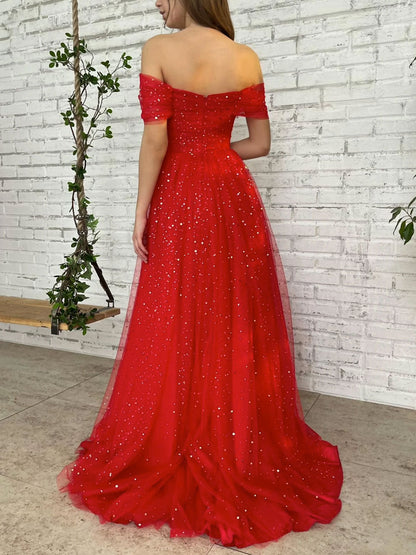 Simple red off shoulder tulle long prom dress, red evening dress