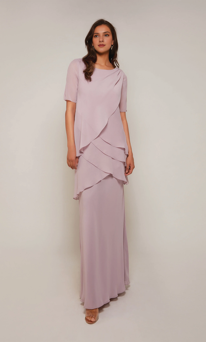 Chiffon high round neck straight tube side zipper layered skirt for formal long mothers of the bride dresses