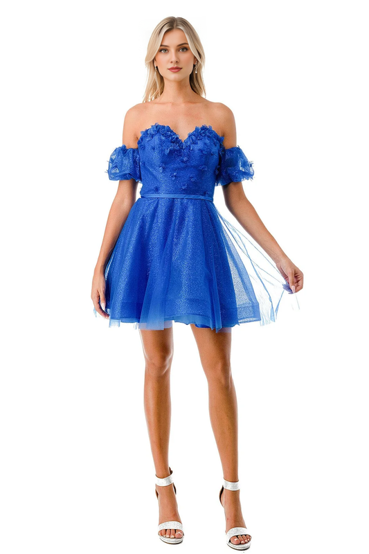 3D floral decal short strapless dress