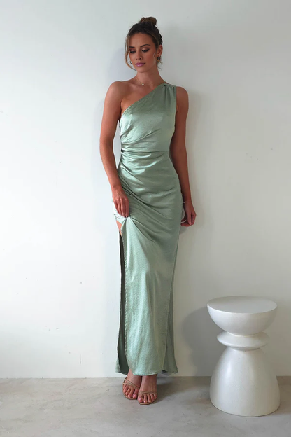 Asymmetric collar satin side slit long Prom dress - Jimiss Dress