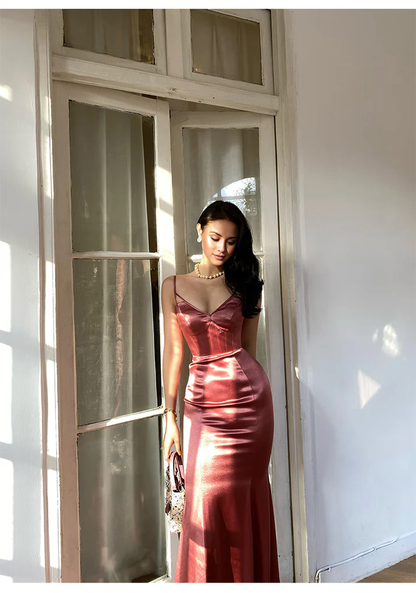 Jimiss V-neck sleeveless thin shoulder strap and floor length satin Prom dress