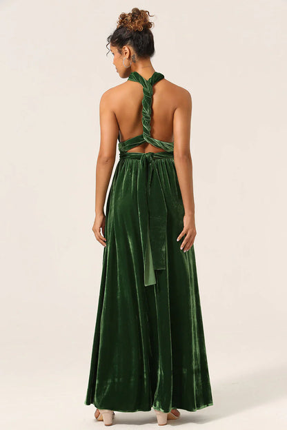 A Line V Neck Covertible Wear Velvet Long Bridesmaid Dress
