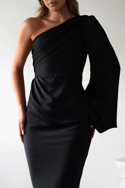 Single sleeve off shoulder satin and floor length Prom Dress - Jimiss Dress