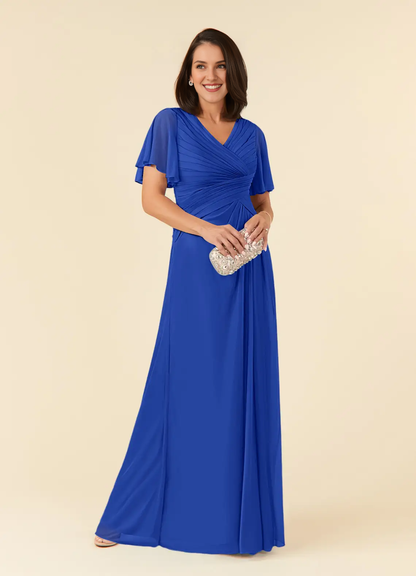 A-line V-neck pleated mesh and floor length mother of the bride dress