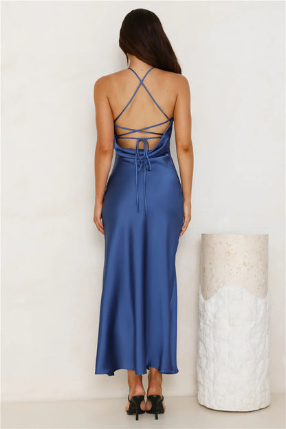 Jimiss halter neckline satin backless side slit long Prom dress