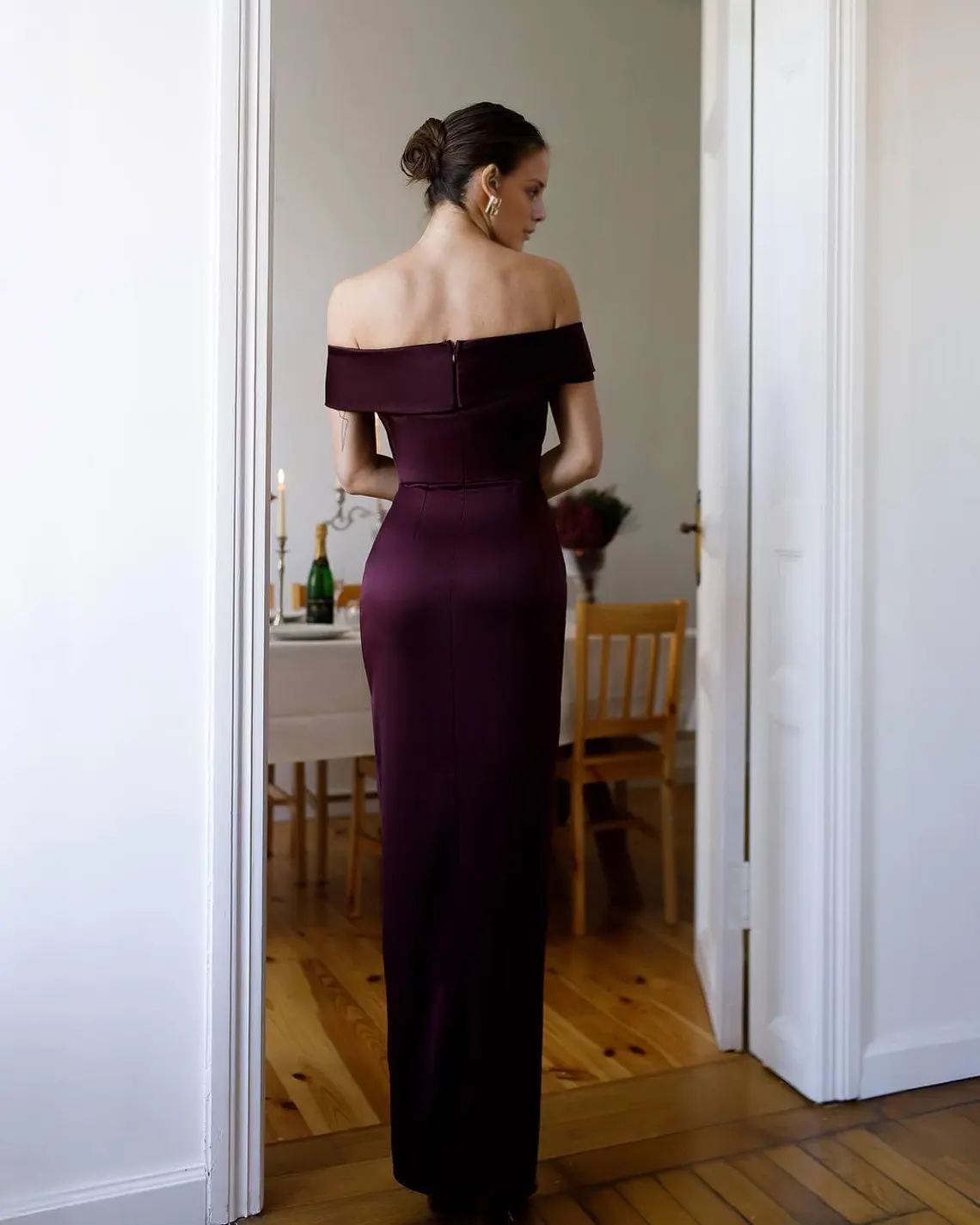 Jimiss - Off Shoulder Collar Satin Sleeveless Back and Floor length Prom Dress