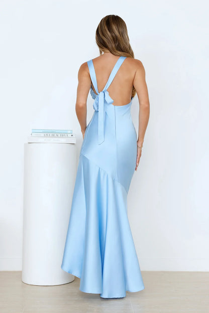 Jimiss round neck satin backless ruffle edge length style Prom dress