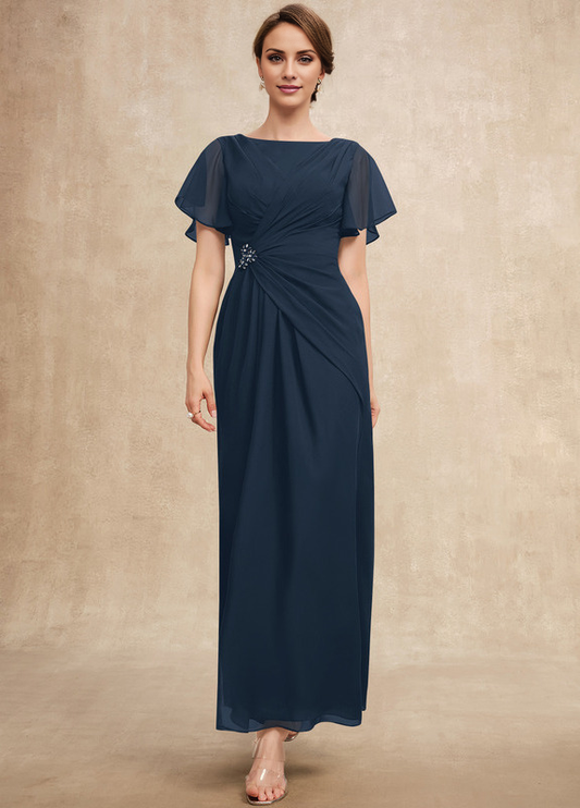 Beaded pleated A-line plunging ankle-length chiffon mother of the bride dress