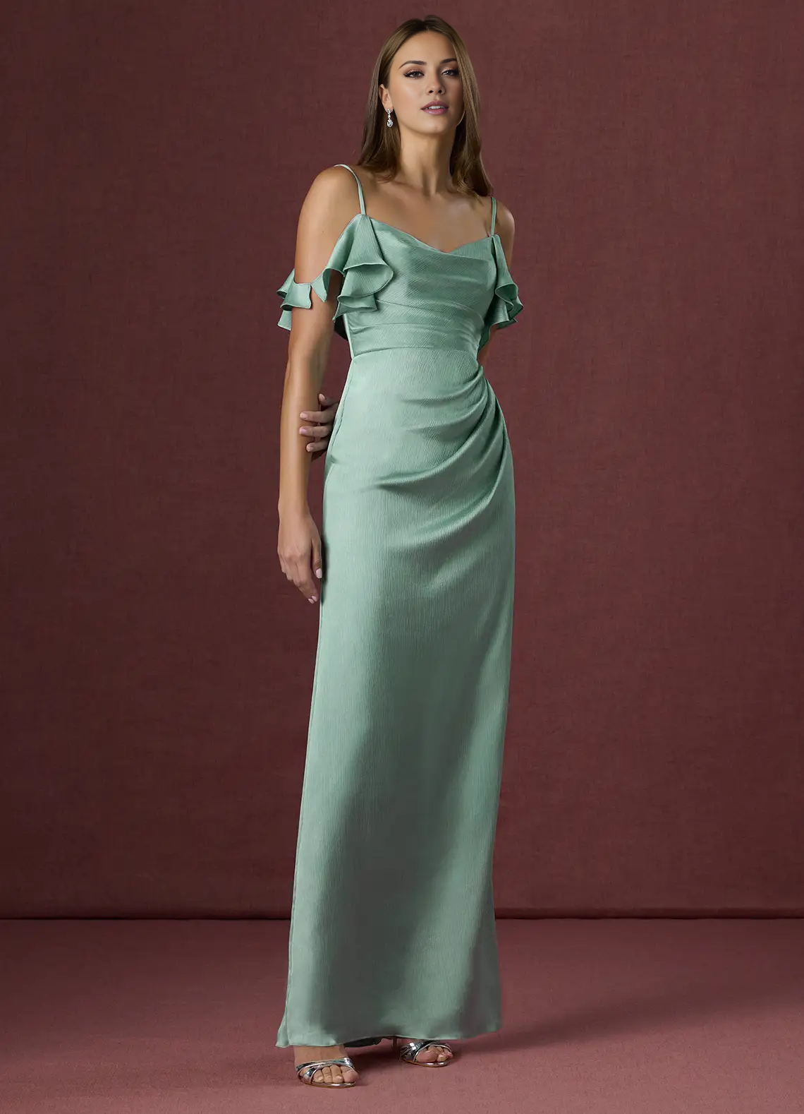 Jimiss slim shoulder strap boat collar side slit and floor length Prom dress