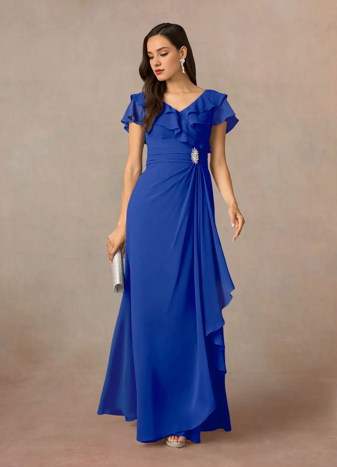 A-link V-neck pleated chiffon and floor length mother of bride dress