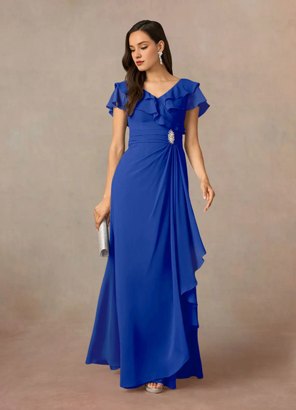 A-link V-neck pleated chiffon and floor length mother of bride dress