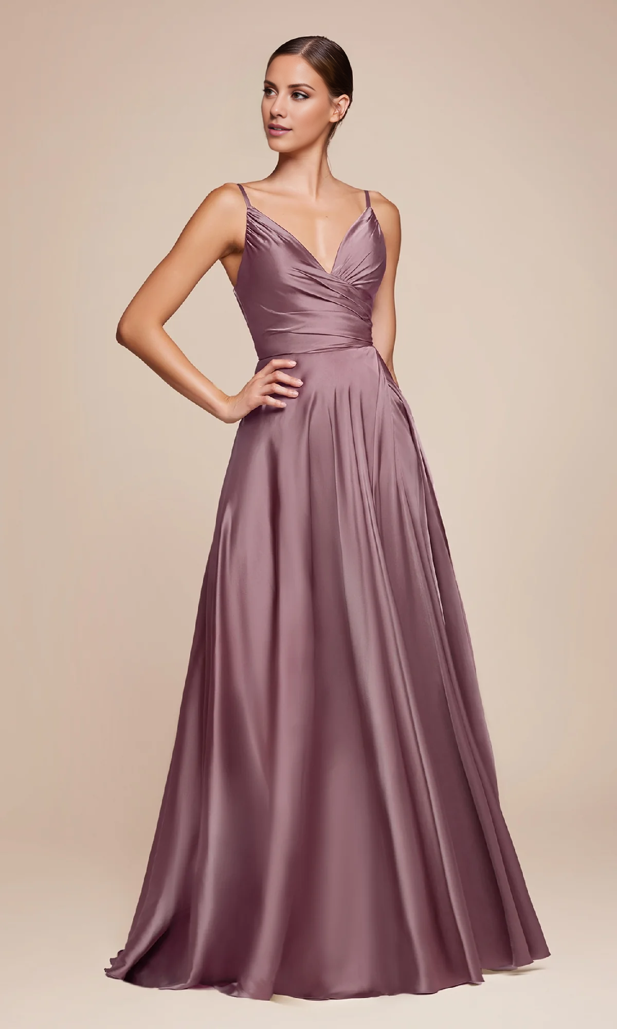 Jimiss A-line V-neck slim shoulder strap tight corset with side slit and floor length Prom dress