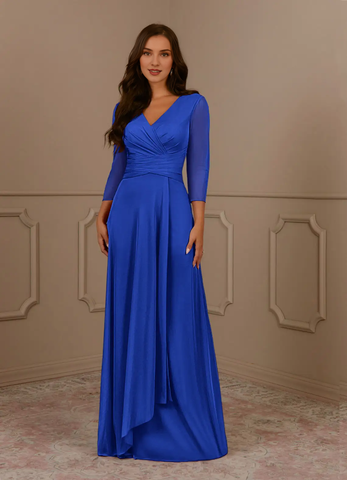 A-line V-neck pleated mesh and floor length mother of the bride dress