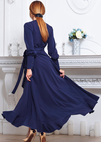 Jimiss A-type long sleeved V-neck side slit and floor length Prom dress