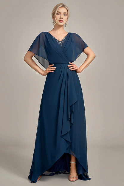 Navy blue A-line asymmetrical sequin bead decoration for bride and mother's formal dress