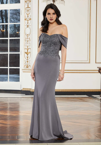 Off shoulder collar with draped crepe and floor length godons evening dresses
