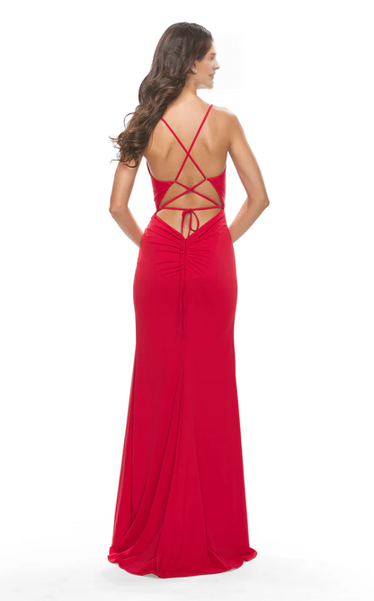 Thin shoulder strap deep V-neck sleeveless side slit and floor length Prom dress