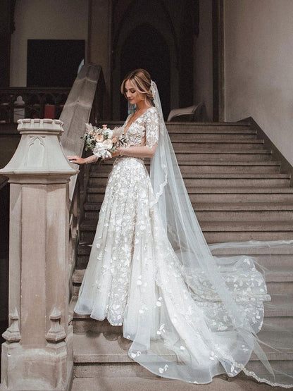Romantic A-line Wedding Dresses With Long Sleeves Lace Bridal Gowns Elegant