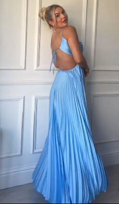 A line Halter Blue Sleeveless Hollow pleated long dress patty dresses