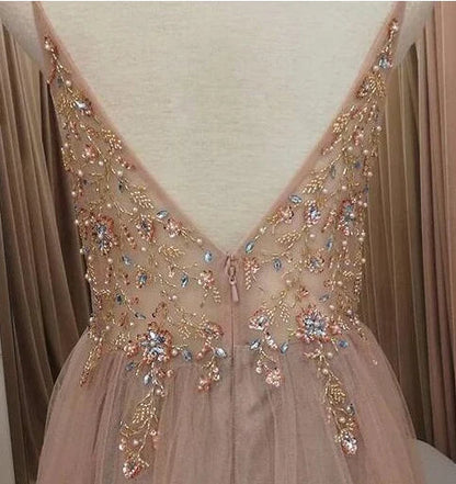 A Line V Neck Grey Beaded Long Prom Dress with Split Formal Dresses