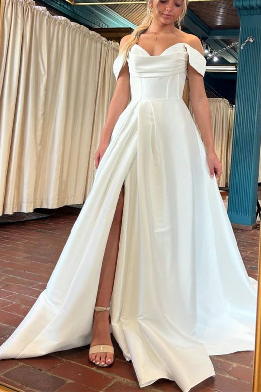 Simple Satin Off the Shoulder A-Line Ivory Wedding Dress with Slit