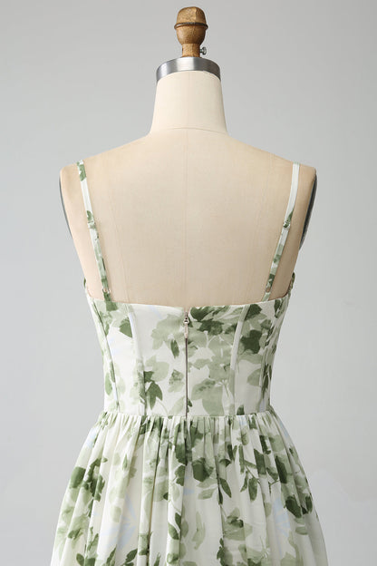 Green A-Line Spaghetti Straps Printed Floor Length Dress With Slit Beautiful