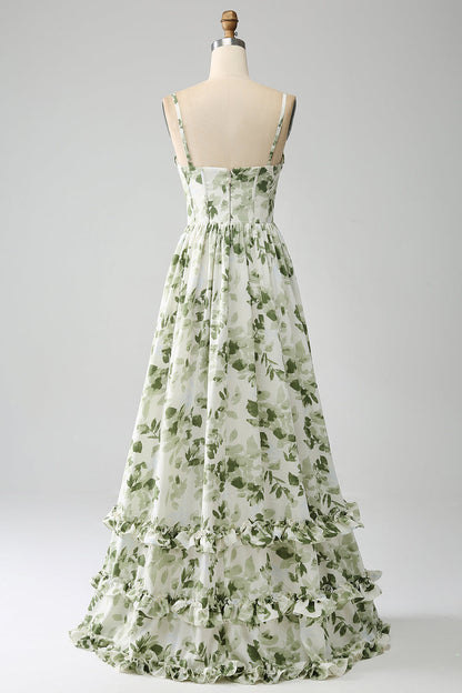 Green A-Line Spaghetti Straps Printed Floor Length Dress With Slit Beautiful