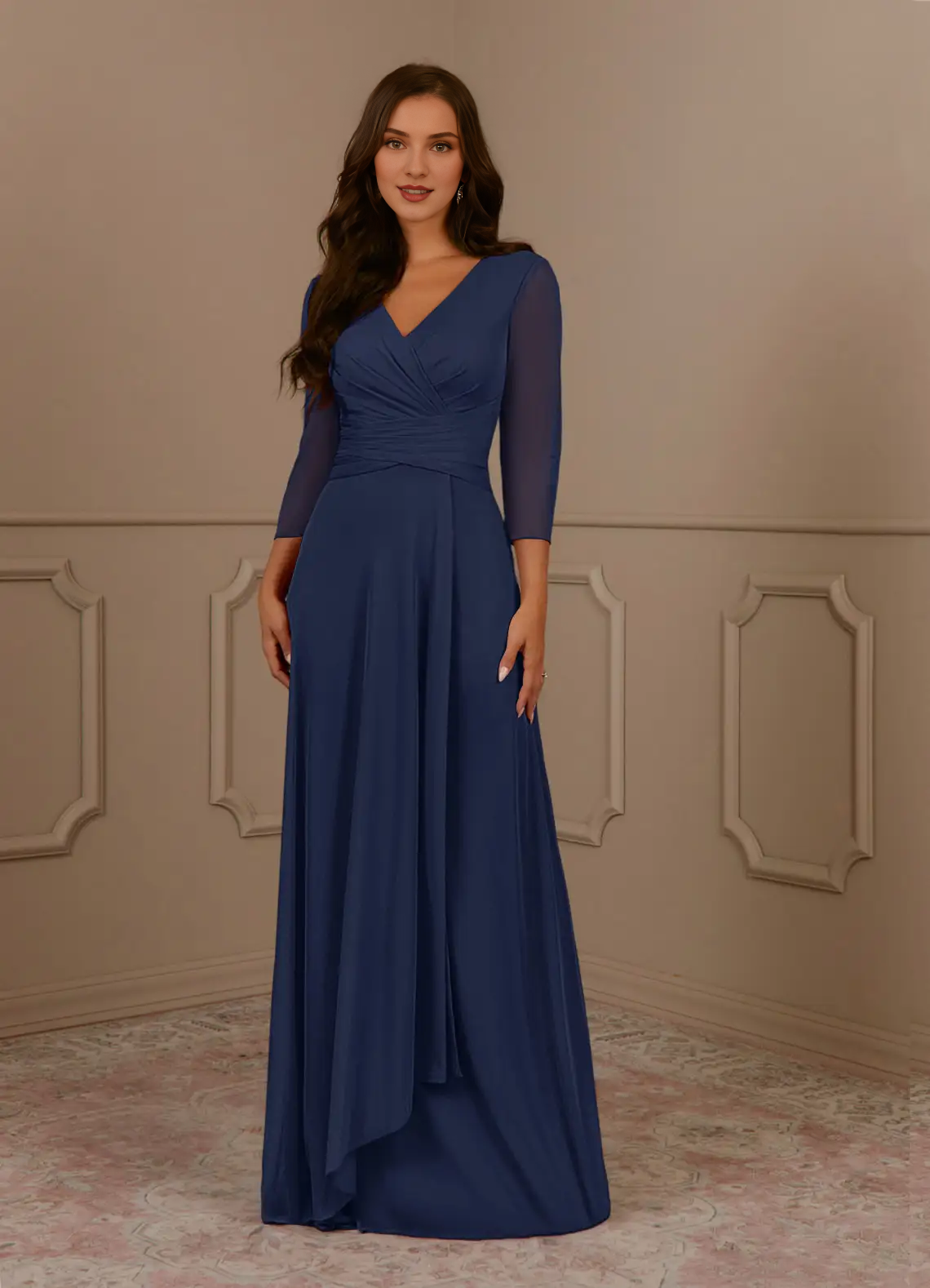 A-line V-neck pleated mesh and floor length mother of the bride dress
