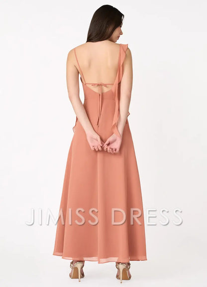 Jimiss slim shoulder chiffon asymmetrical ruffle edge side slit and floor length Prom dress