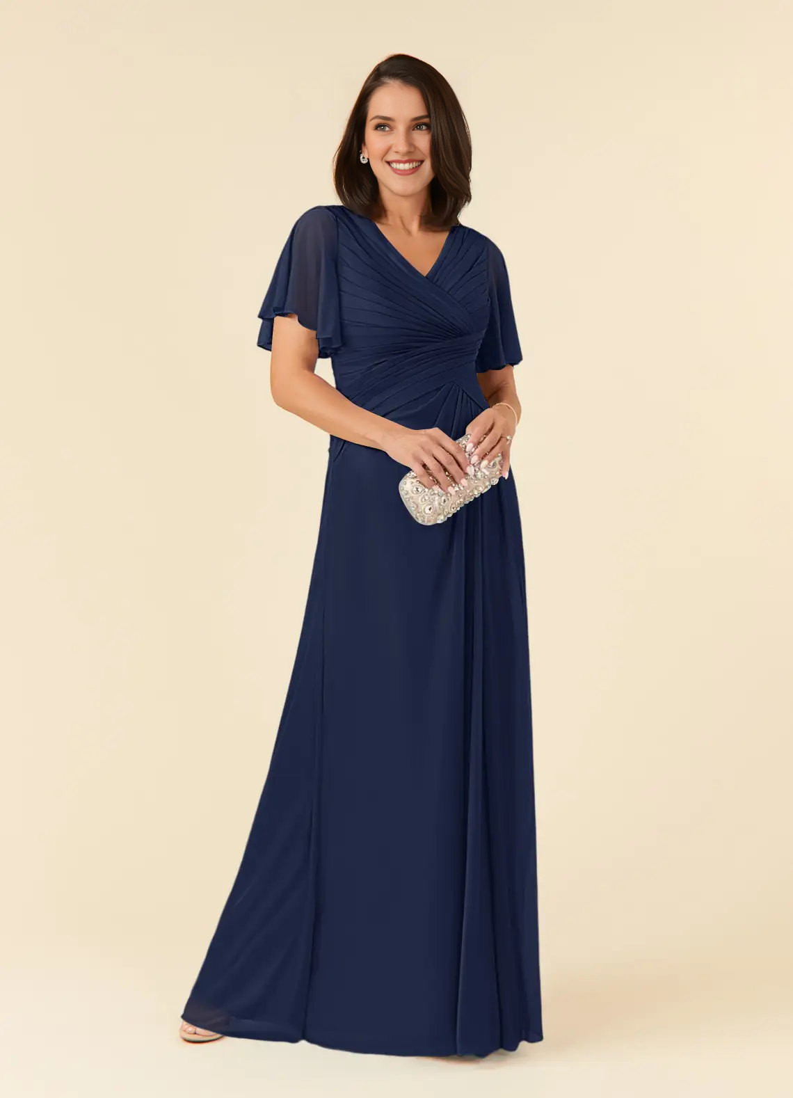 A-line V-neck pleated mesh and floor length mother of the bride dress