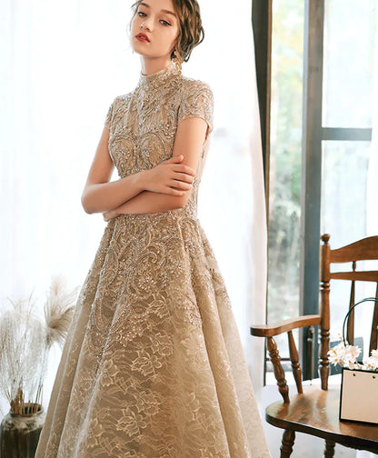 Champagne Lace High Low Short Sleeves Prom Dress, High Low Homecoming Dress