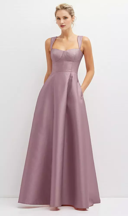 Pocket tie back tight corset satin and floor length Prom dress