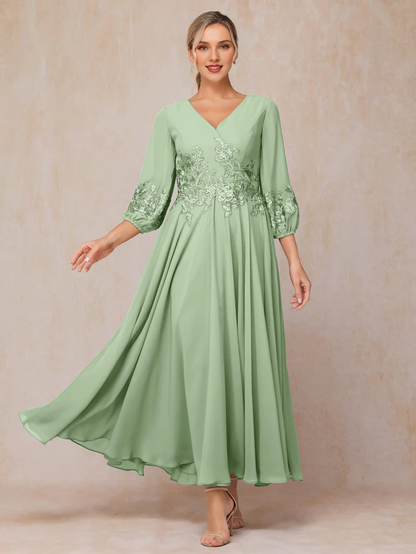 Long sleeved decal and ankle chiffon mother of the bride dress