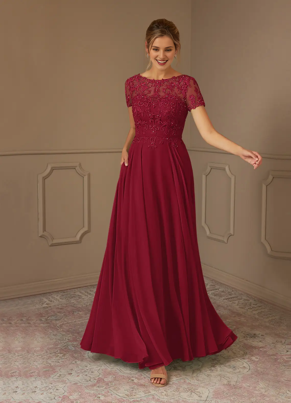 A-line boat collar sequins chiffon and floor length mother of the bride dress