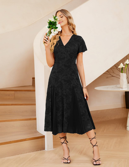 A Line V-Neck Lace Short Sleeve Pleated formal dresses Bridesmaid Dresses evening gown Prom Dress