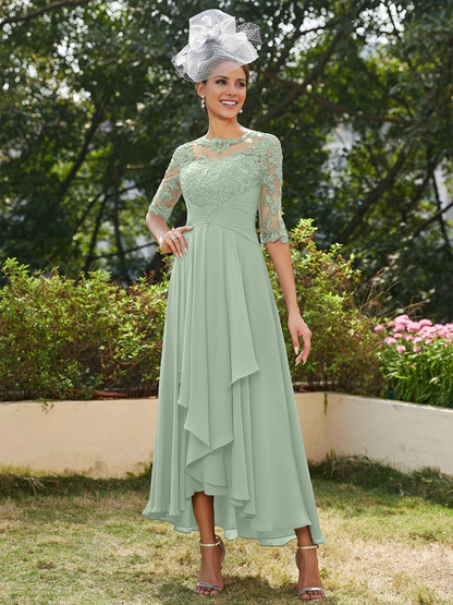 A-line princess transparent collar half sleeve long strap with decal mother of the bride dress