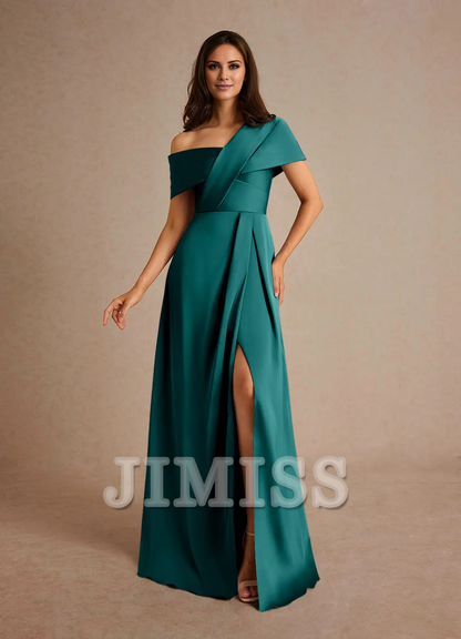 A-line pleated satin floor-length mother of the bride dress