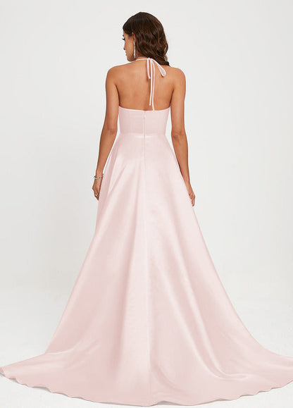 A-line V-neck floor-sweeping satin prom dress