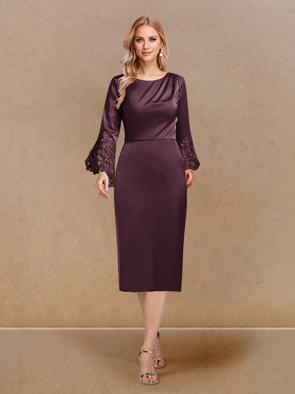 Stickers tight fitting/cylindrical low round neck long sleeved mother of the bride dress